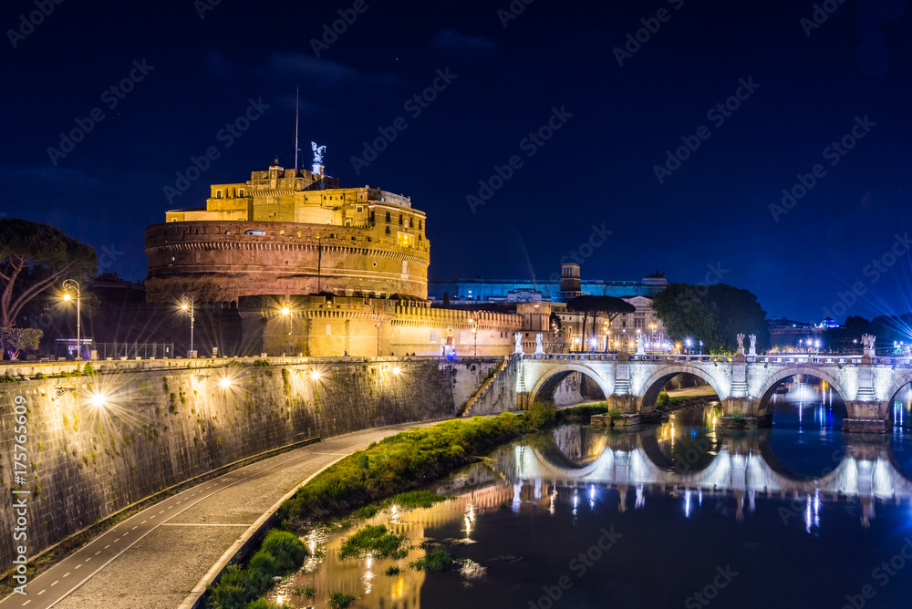 Sant Angelo Castle in Rome, Italy at night.