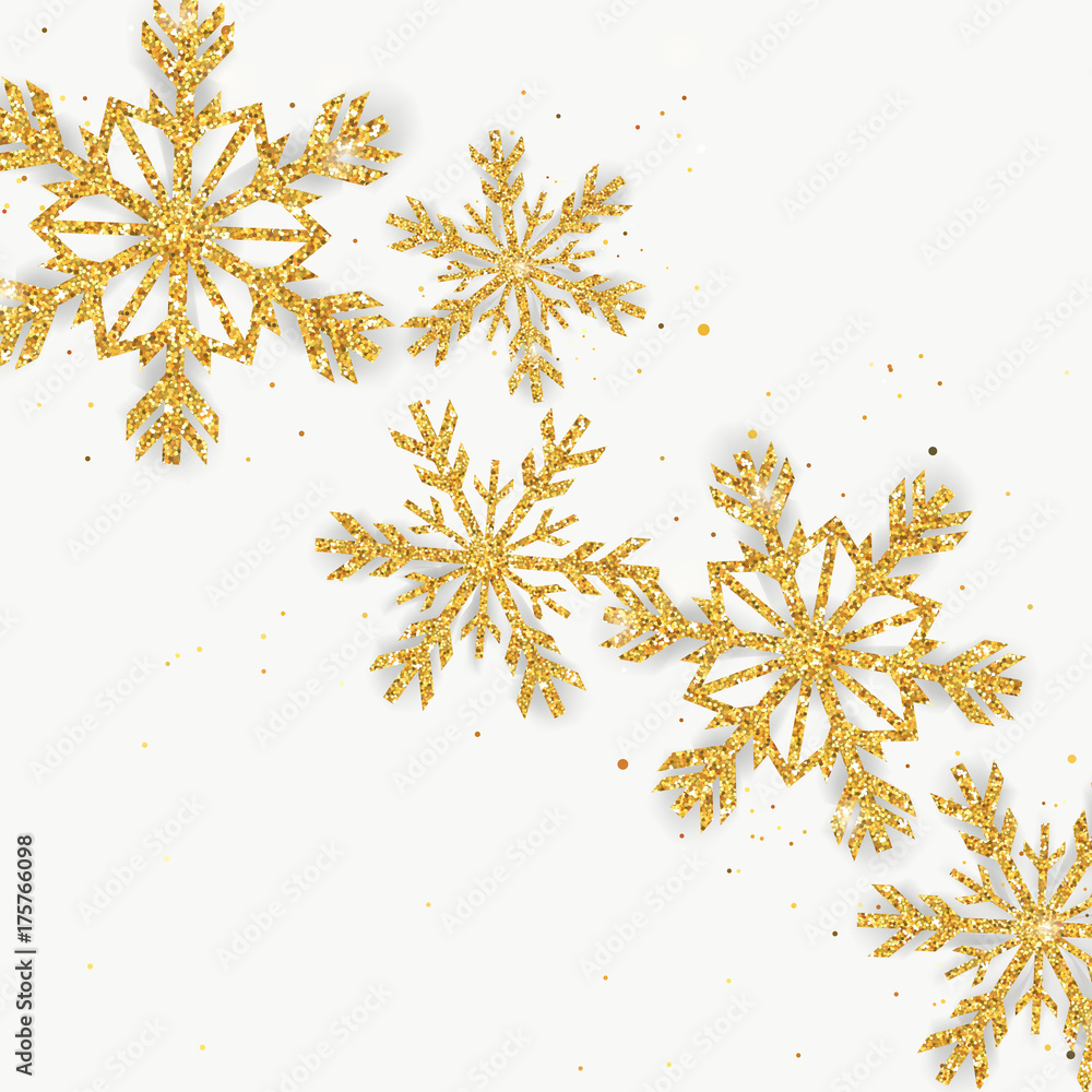 Golden Glitter Snowflakes Background, Greeting Card or Invitation in vector Golden Glitter Snowflakes Background, Greeting Card or Invitation in vector