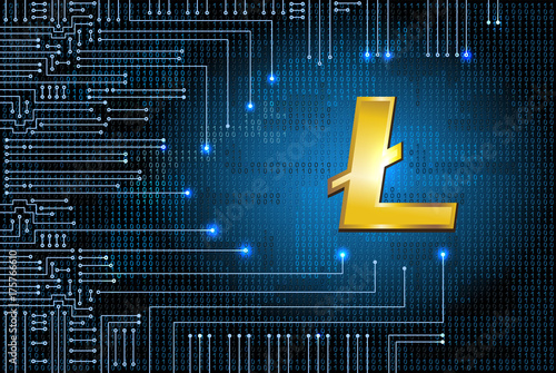 Litecoin on binary code background and electronic circuit