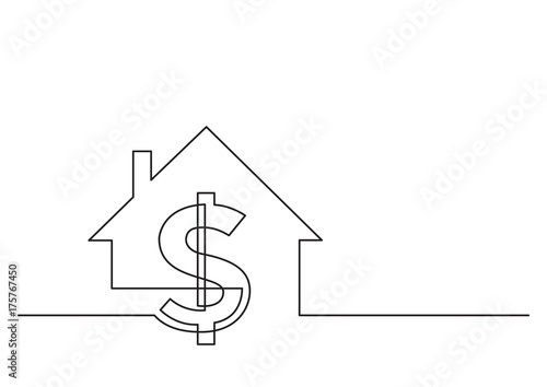 one line drawing of isolated vector object - dollar sign and house