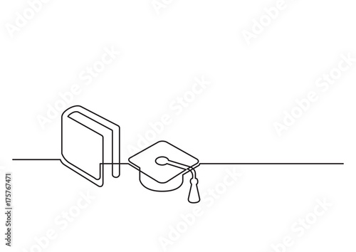 one line drawing of isolated vector object - graduation cap and book