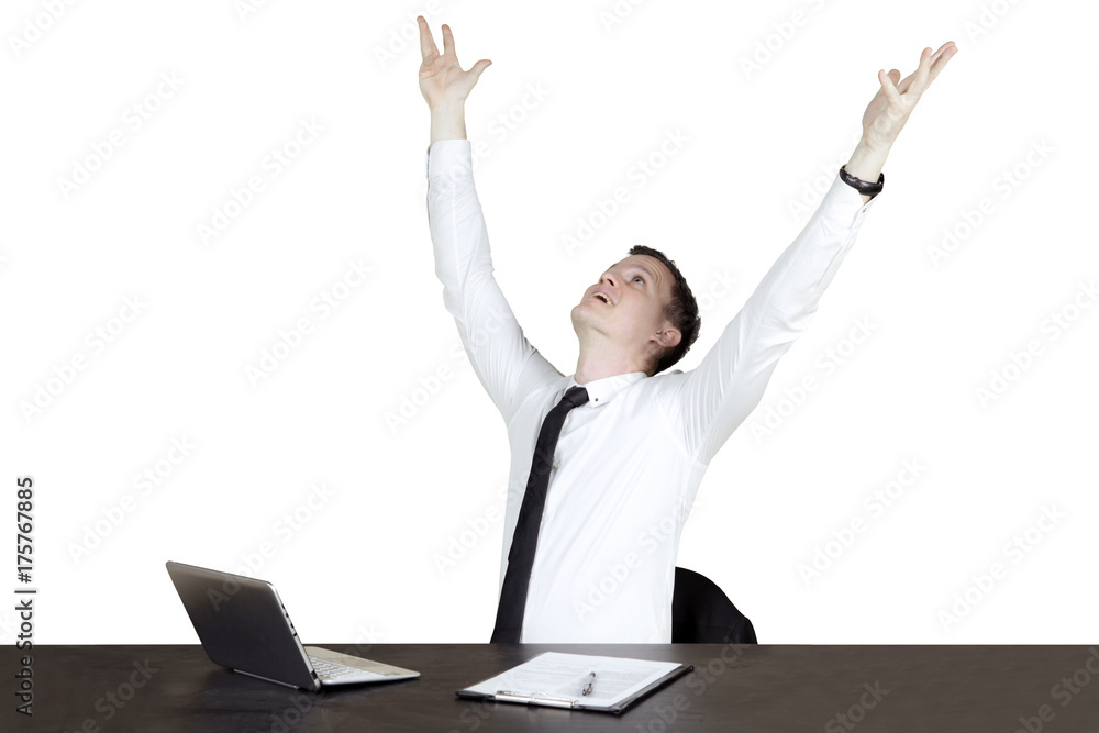 Successful Caucasian businessperson raise hands Successful Caucasian businessperson raise hands