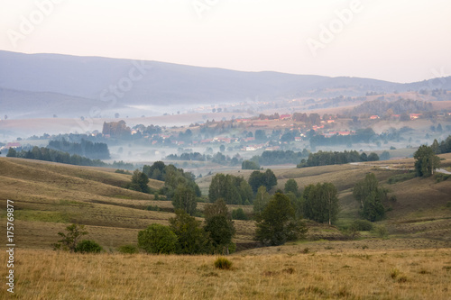 Romanian mountain landscape with fog and trees 