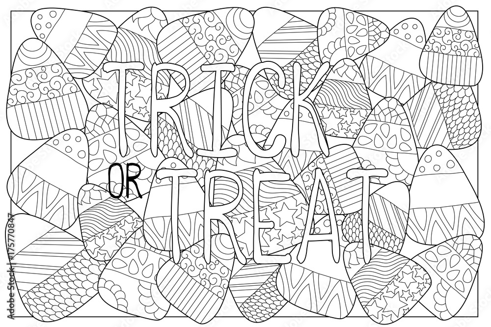 Candy corn sweets vector coloring page. Candy corn with ornament. Halloween coloring page.