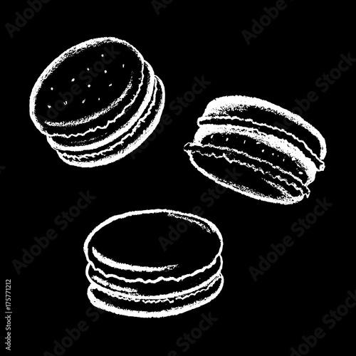 Macarons white chalk vector illustration on black. White chalk macarons drawing.
