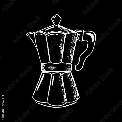 Coffee pot white chalk on black chalkboard vector illustration. Coffee-maker icon on blackboard.