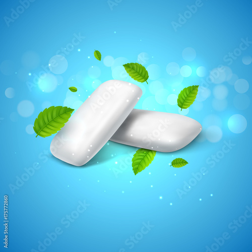 Vector chewing gum and green mint for fresh breath. Dental health background