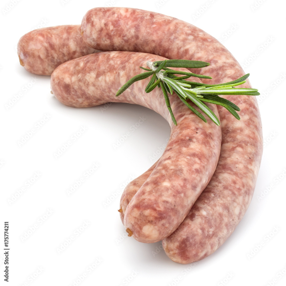 Raw sausage with rosemary leaf isolated on white background Raw sausage with rosemary leaf isolated on white background