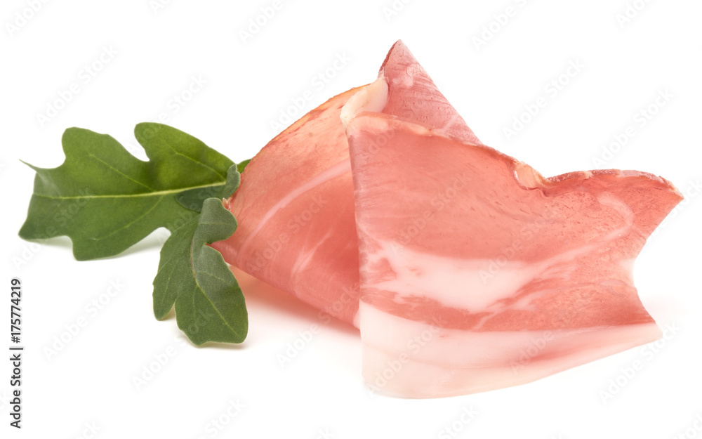 Italian prosciutto crudo or jamon. Raw ham. Isolated on white background Italian prosciutto crudo or jamon. Raw ham. Isolated on white background
