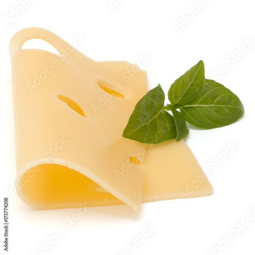 Cheese and basil leaves isolated on white background