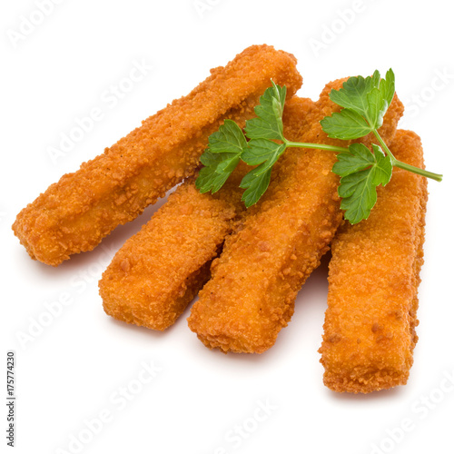 Crispy Fish fingers and parsley leaves  isolated on white background