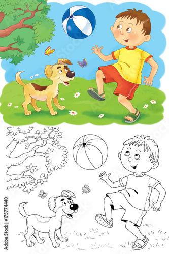 Four seasons.  Summer. A cute boy and his puppy. Coloring page. Illustration for children