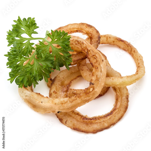 Delicious crispy fried onion rings isolated on white