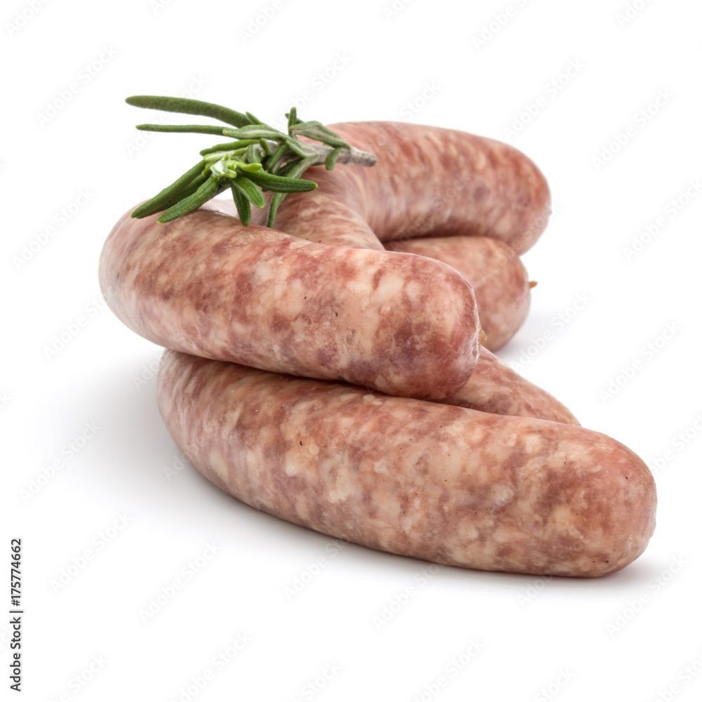 Raw sausage with rosemary leaf isolated on white background Raw sausage with rosemary leaf isolated on white background