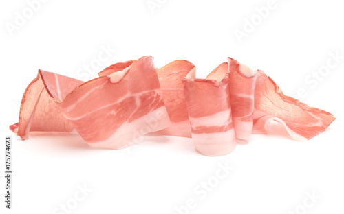Italian prosciutto crudo or jamon. Raw ham. Isolated on white background