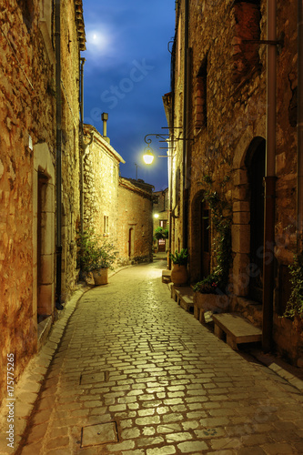 Narrow cobbled street with flowers in the old village at night  France.