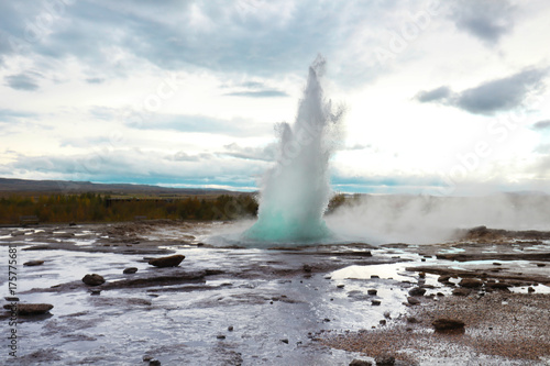 Landscape with hot spring geysir in Iceland.
