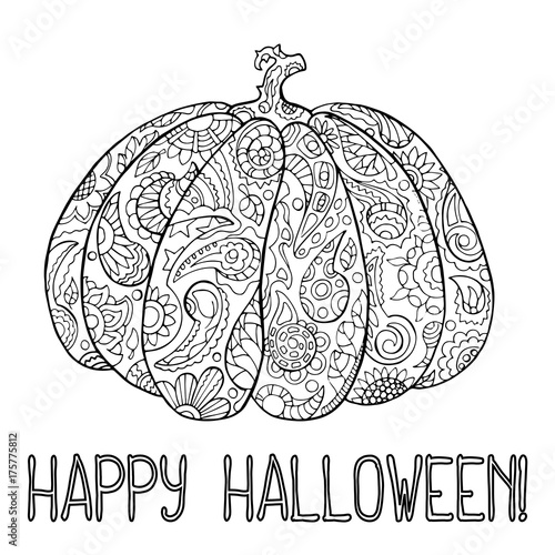 Halloween coloring page with ornamented pumpkin. Happy Halloween vector illustration.