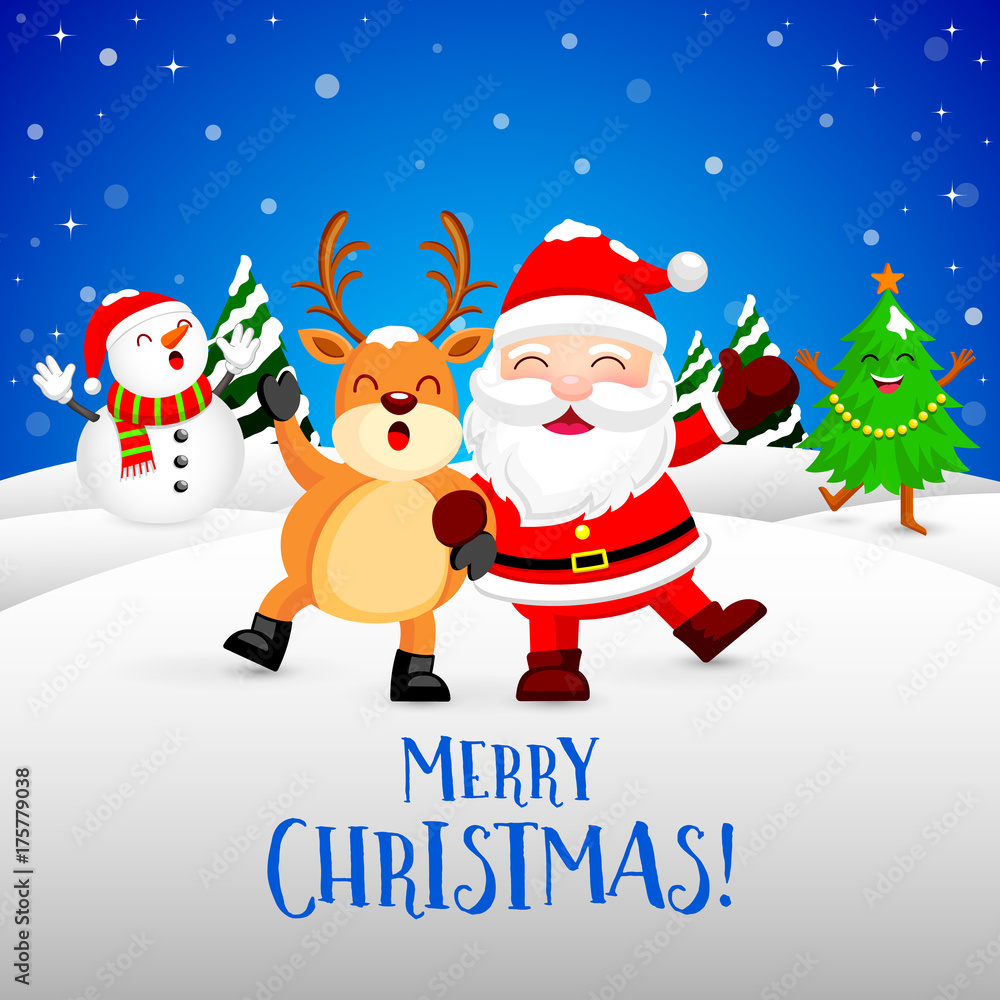 Funny Christmas Characters design on snow, Santa Claus, Snowman, Xmas tree and Reindeer. Merry Christmas and Happy new year concept. Illustration isolated on blue background.