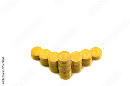 Increasing columns of coins, piles of gold coins arranged as a graph isolated on white background