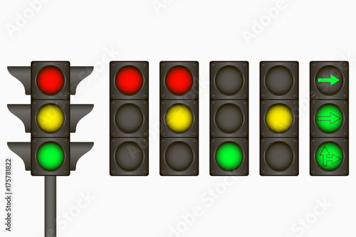 Traffic light. Electric sign for regulate traffic on the road with red, yellow, green lamps and arrows. Vector illustration.