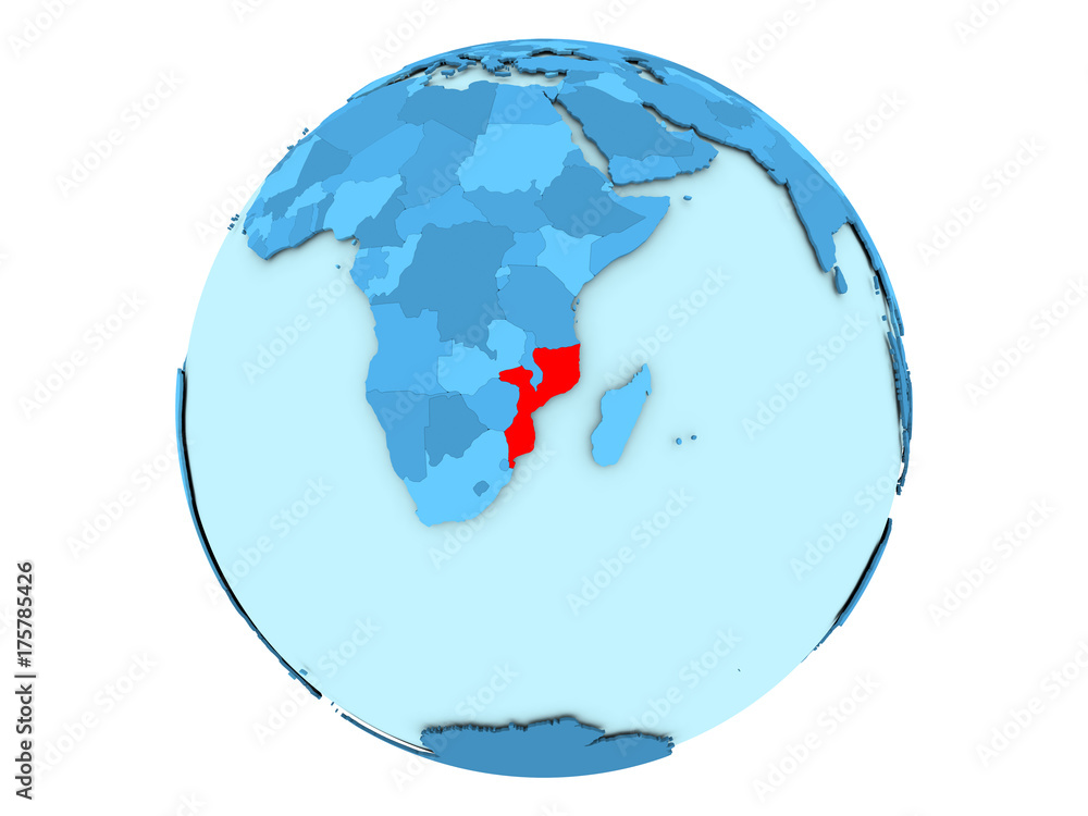 Obraz premium Mozambique on blue globe isolated