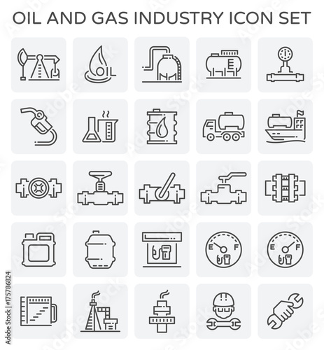 Oil and gas industry icon i.e. global process of exploration, extraction and refinery. Transport by oil tanker and pipeline. Business of petroleum product. Gas station and refuel. Vector icon set.