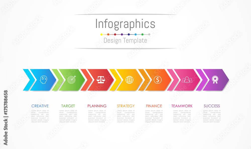 Infographic design elements for your business data with 7 options, parts, steps, timelines or processes, Arrow connect concept. Vector Illustration