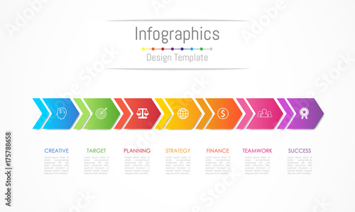 Infographic design elements for your business data with 7 options, parts, steps, timelines or processes, Arrow connect concept. Vector Illustration