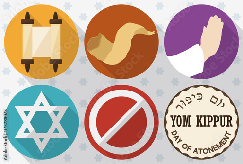 Картината върху платно Icons to Celebrate Jewish Yom Kippur or Day of Atonement, Vector Illustration
