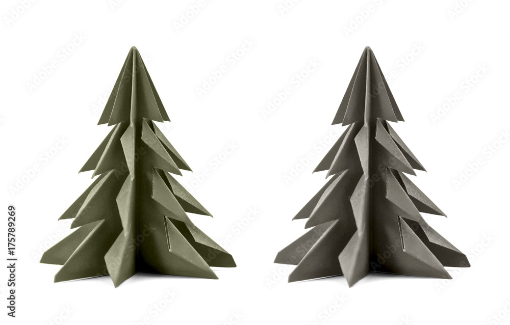 Fototapeta premium Origami Christmas tree paper isolated on white background. For decoration, Merry Christmas or Happy New Year postcard. grey green and grey color. Front view. Close up.