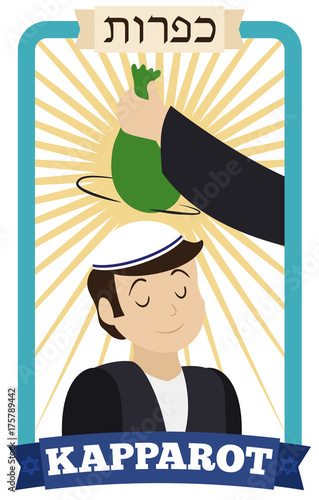 Man Waving Money Bag over Head of Boy for Kapparot, Vector Illustration