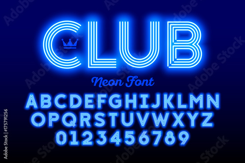 Neon style modern font, alphabet and numbers 