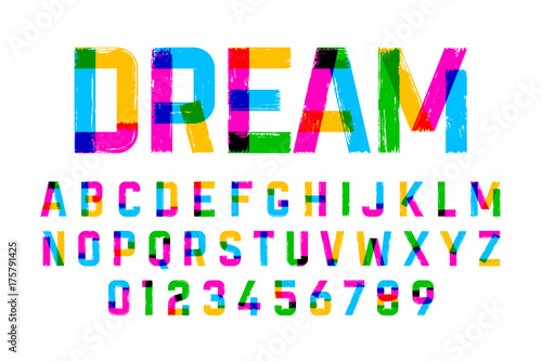 Brush style colorful font, alphabet and numbers 