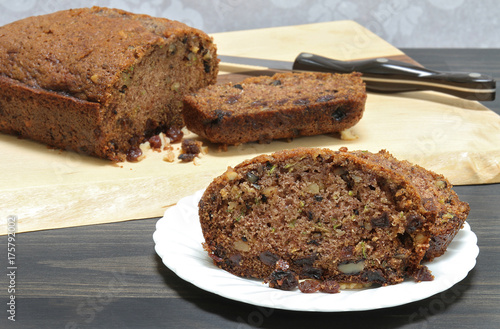 Zucchini Bread with raisins and walnuts, fresly baked and homemade