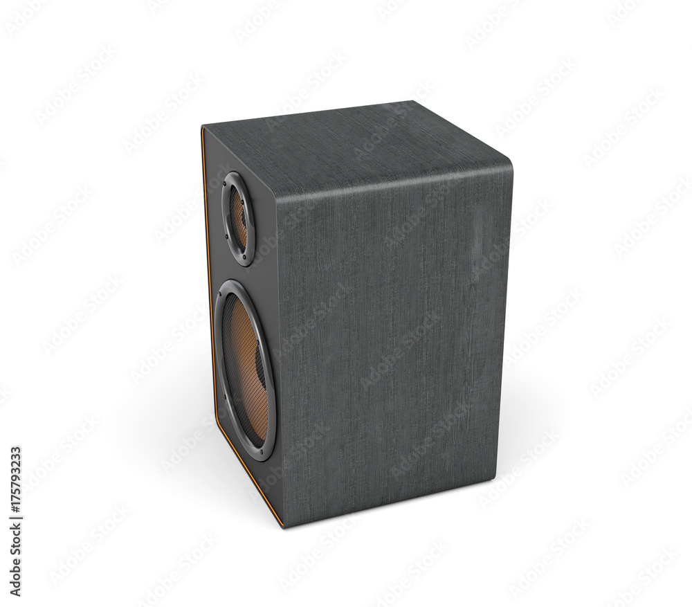 Obraz premium 3d rendering of a large black stereo box with two round speakers on white background.