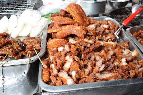 deep fried meat, Street food in Bangkok, Thailand