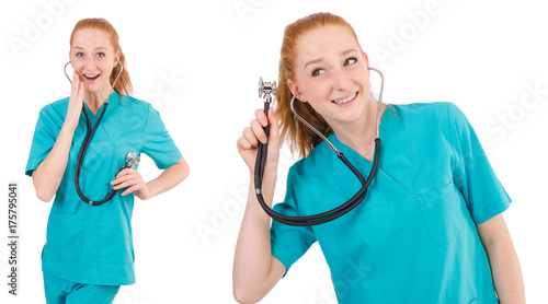 Young medical trainee with stethoscope  isolated on white