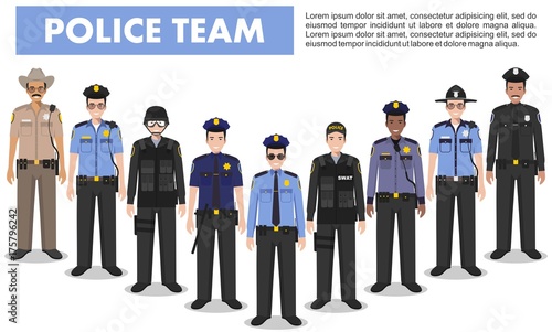 Police people concept. Detailed illustration of SWAT officer, policeman and sheriff in flat style on white background. Vector illustration.