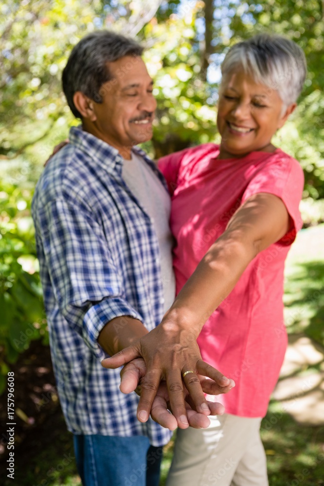 Happy senior couple dancing in garden Happy senior couple dancing in garden