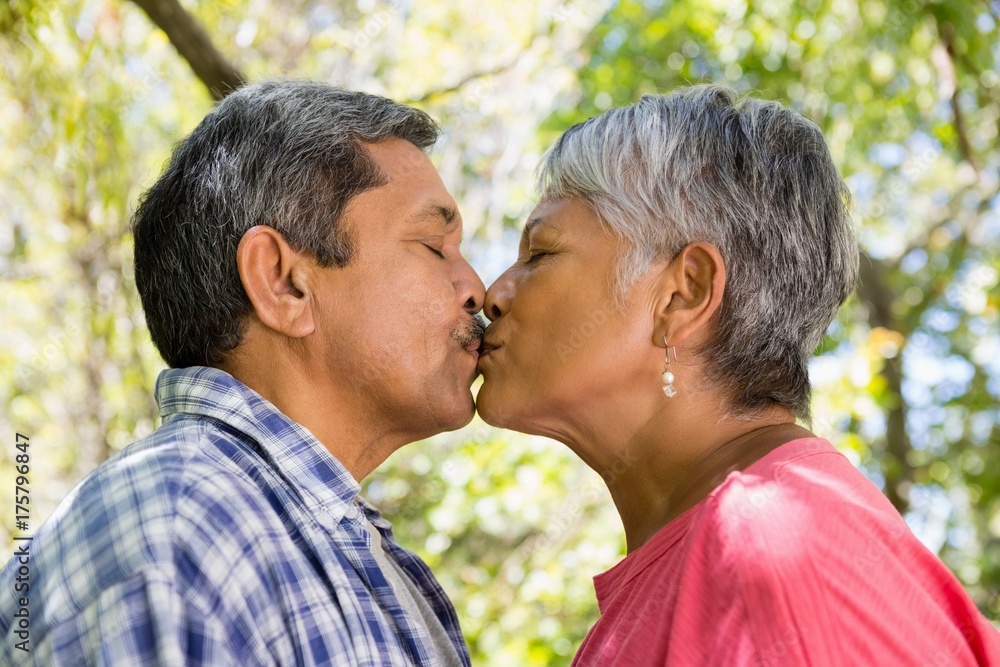 Senior couple kissing each other in garden Senior couple kissing each other in garden