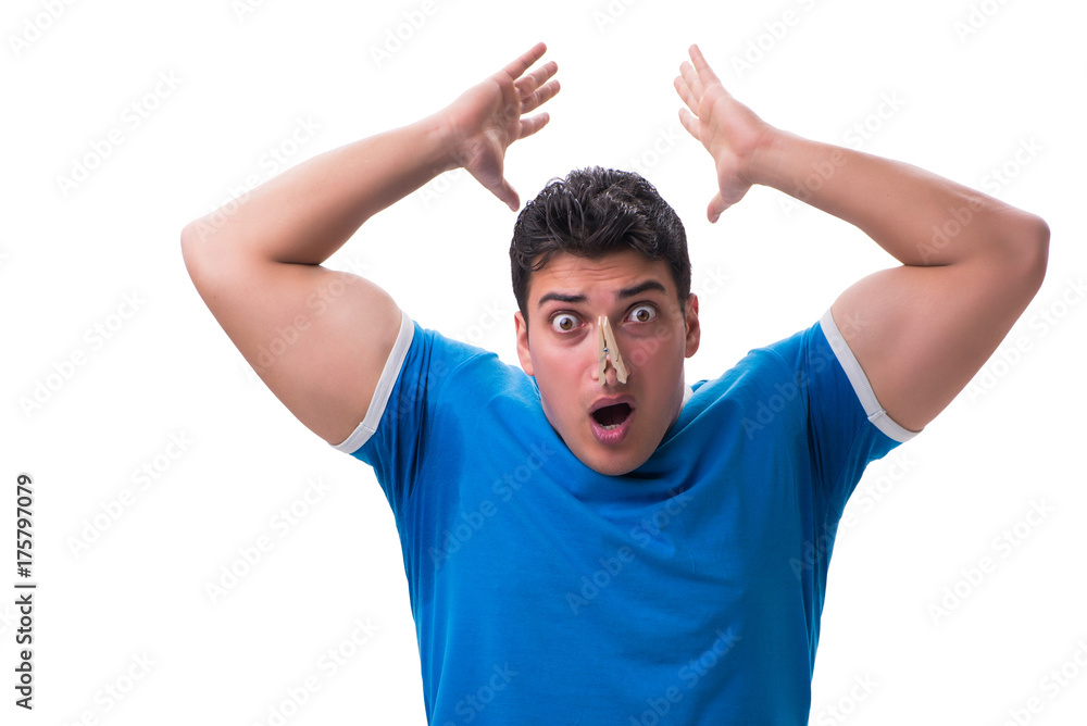 Man sweating excessively smelling bad isolated on white backgrou Man sweating excessively smelling bad isolated on white backgrou