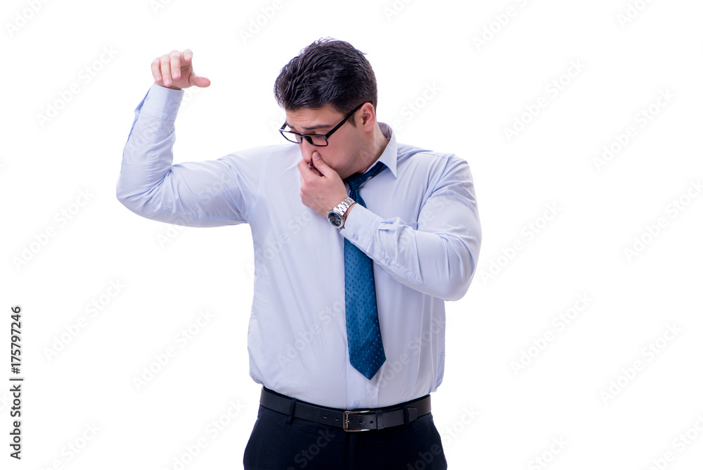 Businessman sweating excessively smelling bad isolated on white Businessman sweating excessively smelling bad isolated on white