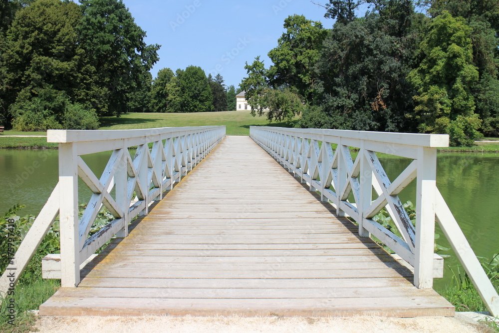 Wooden bridge in English garden of Classicist manor house in Dég, Hungary 