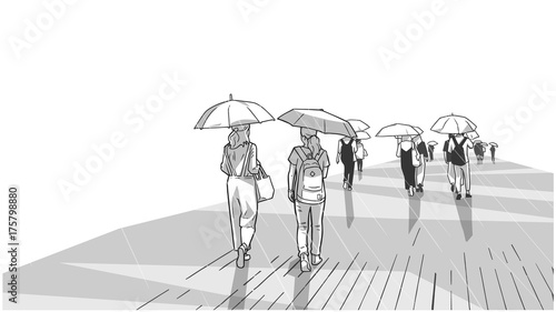 Illustration of people walking in the rain with umbrellas in perspective and black and white