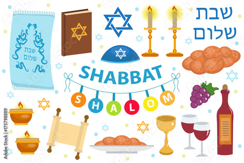 Shabbat Shalom icon set, flat, cartoon style. Collection of Jewish holidays symbol, design elements, Judaism concept. Isolated on white background. Vector illustration