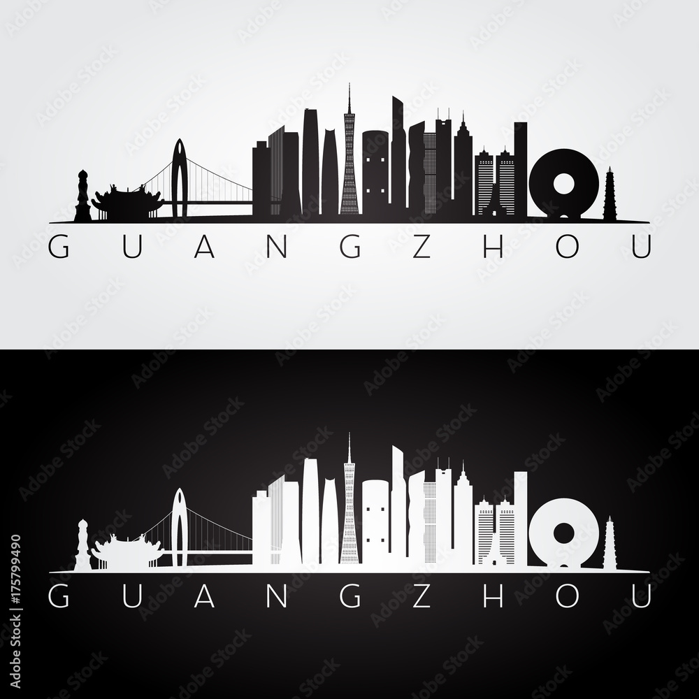 Guangzhou skyline and landmarks silhouette, black and white design, vector illustration.