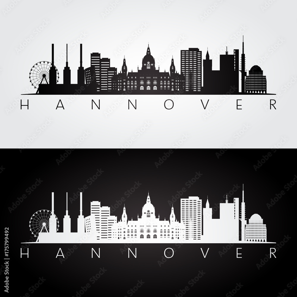 Hannover skyline and landmarks silhouette, black and white design, vector illustration.