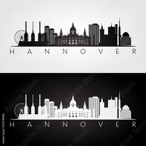 Hannover skyline and landmarks silhouette, black and white design, vector illustration.