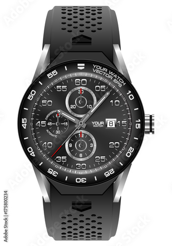 Black steel watch chronograph on white background vector illustration.

